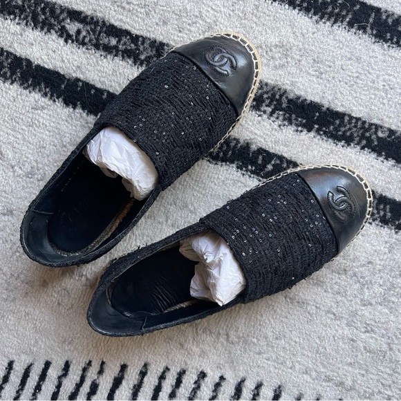 Chanel Black Sequin Espadrilles Size 38 - Picture 1 of 7